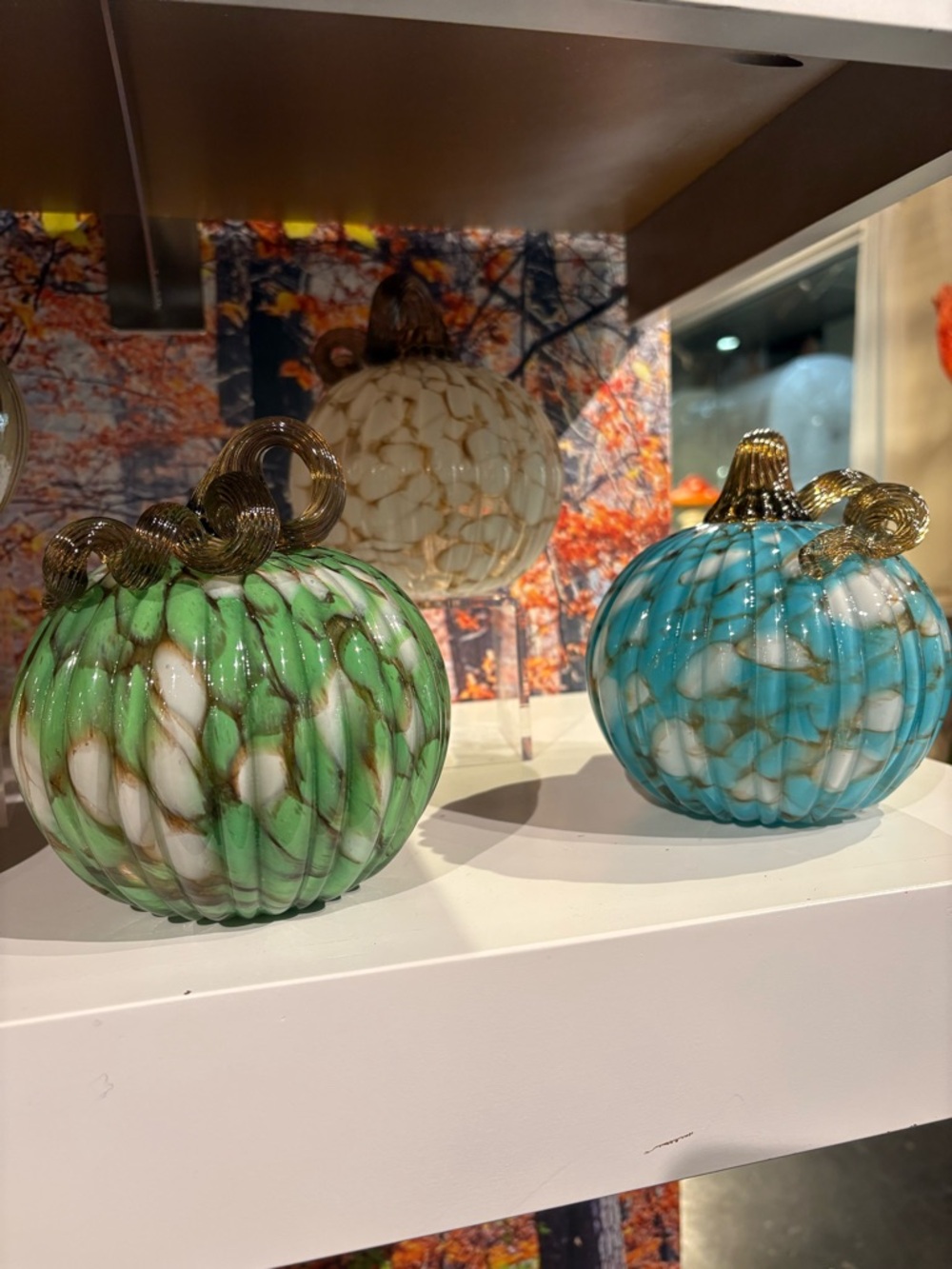 Handblown Glass Pumpkin Trio - Green, Blue, Cream